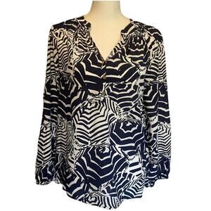 Lilly Pulitzer Navy and Ivory 100%  Silk Popover Blouse Gold Buttons Small